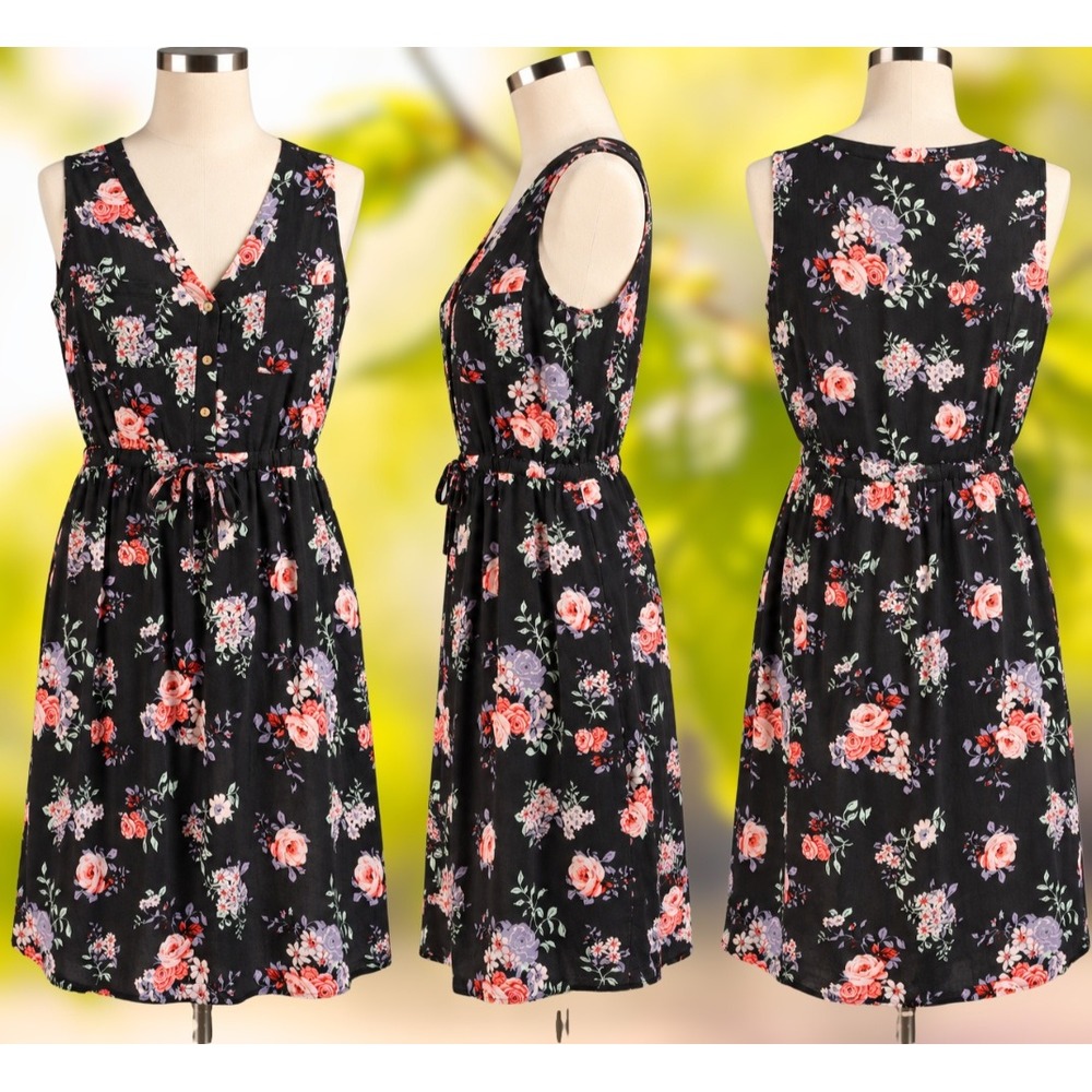 Maurices 0X Womens Black Floral Rayon NWT Sleeveless V-Neck Waist Dress